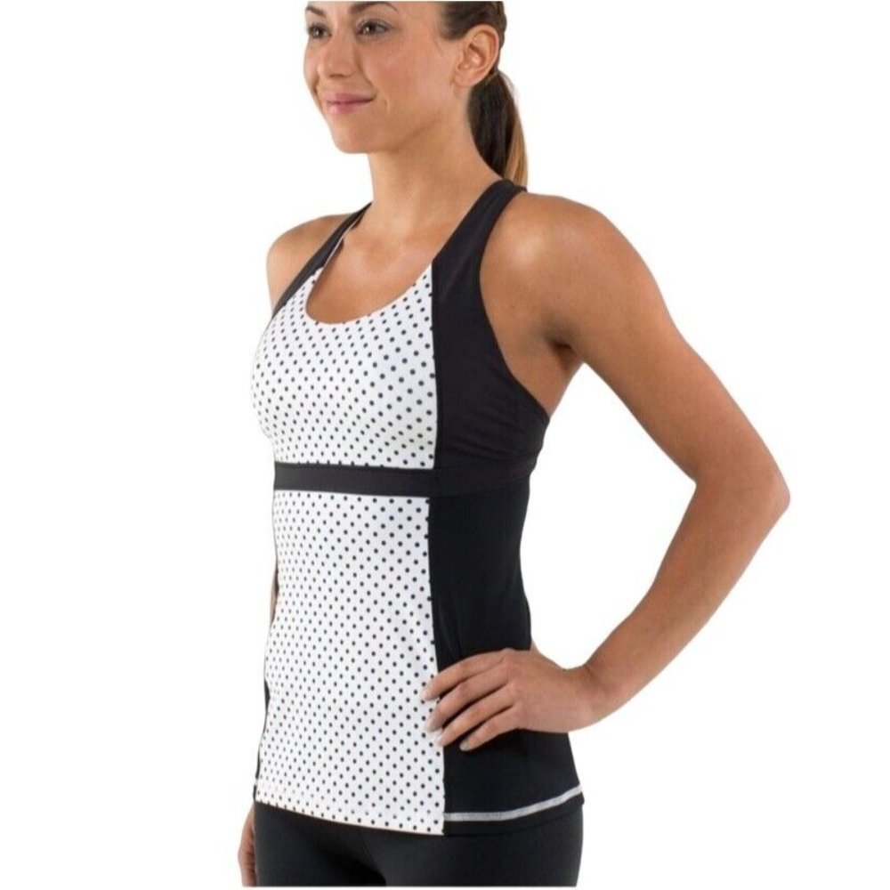 Lululemon Run Fast Track Tank Top Womens 8 Mod Dot Printed Black/Black